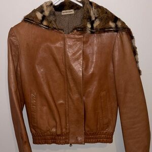 Cognac Leather Bomber with Fur Collar